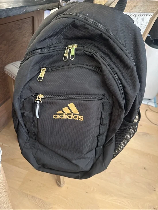 adidas Black Backpack with Gold Logo and Zipper Accents