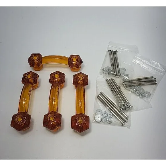 4 Amber Depression Era Style Glass Drawer Pulls Handles Furniture Hardware