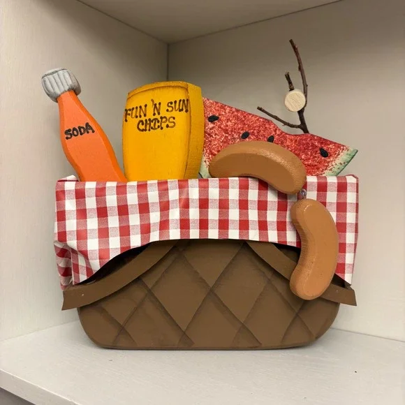 The Pepper Tree Connection Wooden Picnic Basket Folk Art Decor Summer Display