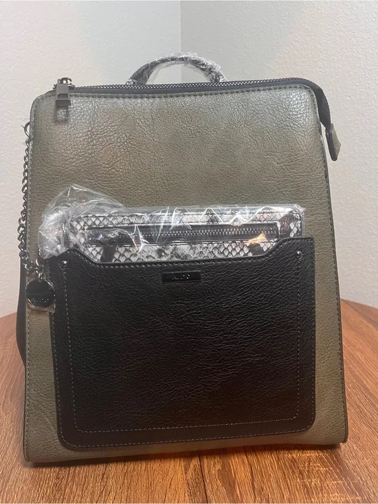 Aldo Olive Green and Black Textured Leather Backpack