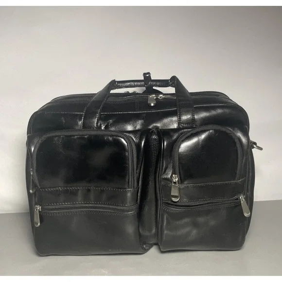 VINTAGE CANYON OUTBACK LEATHER GOODS BLACK LEATHER EXPANDABLE BRIEFCASE BAG