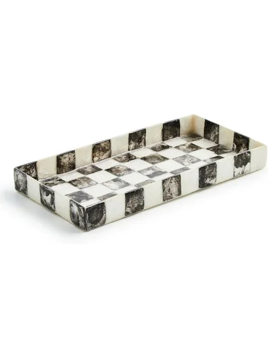 Elegant Rectangular Capiz Vanity Tray - Black & White Check Decor Accent