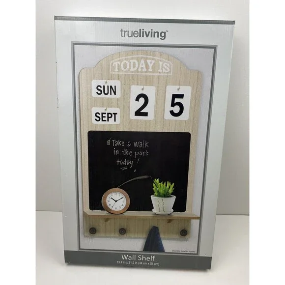 Wall Mounted Wooden Shelf Chalkboard Calendar Decor Display 4 Hooks Brown - New