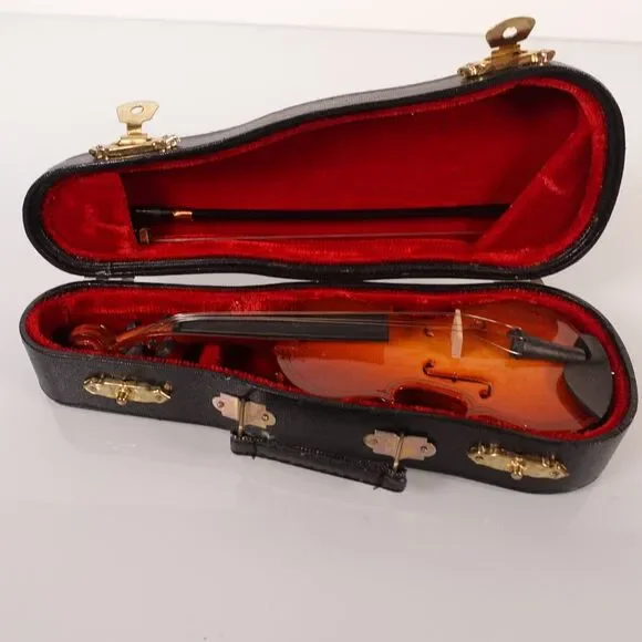 Vintage Wooden Miniature Cello Violin Musical Instrument with Case and Bow 6”