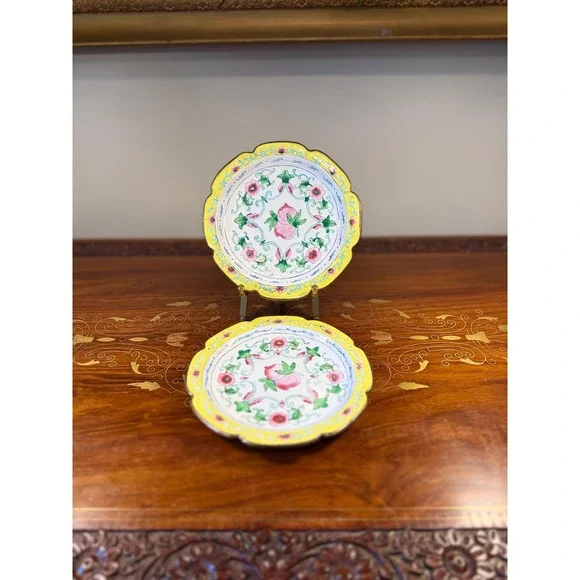 Pair Vintage Chinese Canton Enamel Copper Plates Peach Floral 6