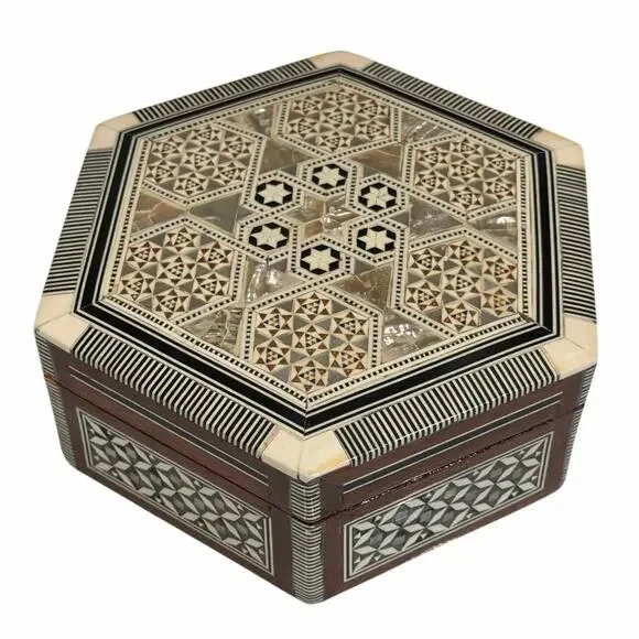 Vintage hexagonal trinket box jewelry box mother-of-pearl mosaic inlay