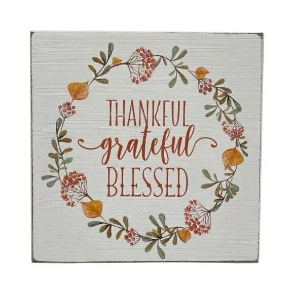 Thankful Grateful Blessed Whitewashed Distressed Wood Sign Quill to Paper NWT