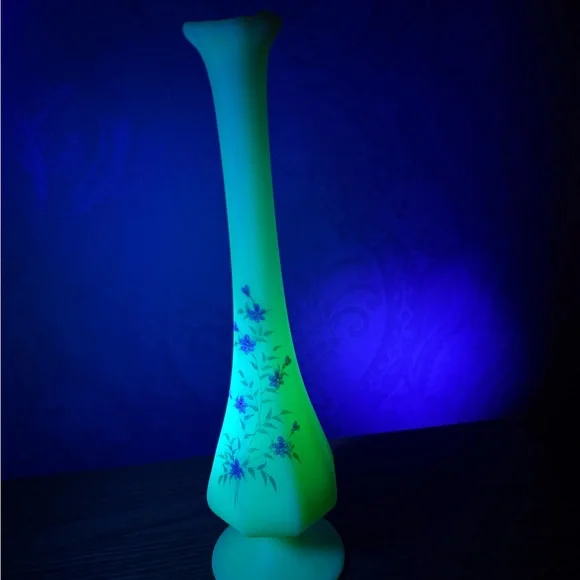 Vintage Fenton custard uranium pink flowers vase 11.5” Hand painted signed
