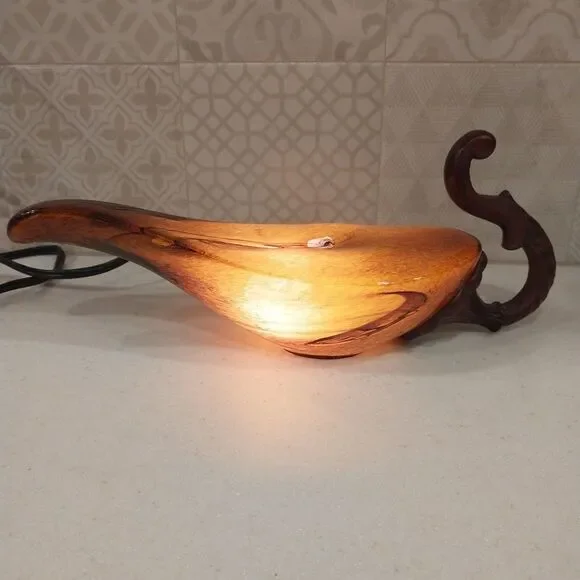 Vintage Aladdin Style Stained Glass Accent Lamp Resin Scroll Handle 12.5