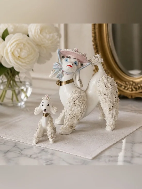 1950’s Spaghetti Trim Poodle With Pup No leash Porcelain