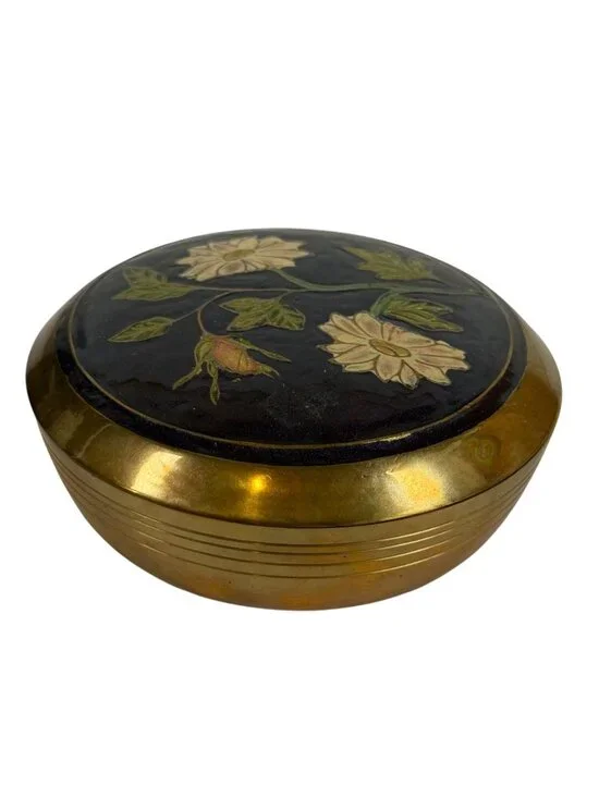 Vintage Brass Trinket Box Enamel Floral Lid Jewelry Grandma Cottage Core