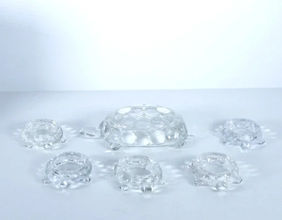 Vintage Clear Glass Turtle Ashtray Set of 6 - Large with Top & 5 Small ashtrays