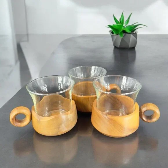 Vintage Jena Glass Mug with Wooden Holder Insert Set 3 Round Handle Wood Insert‎