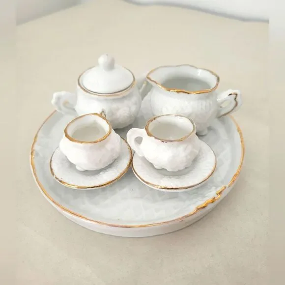 Micro Porcelain Tea Set Display White Gold Trim Tea Party Dollhouse Mini Size