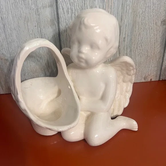 Vintage Ceramic Cherub Angel Figurine Planter Basket Trinket Dish Cream White