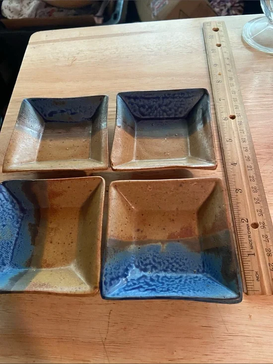Handcrafted Square Ceramic Dipping Bowls in Blue and Brown - Set of 4