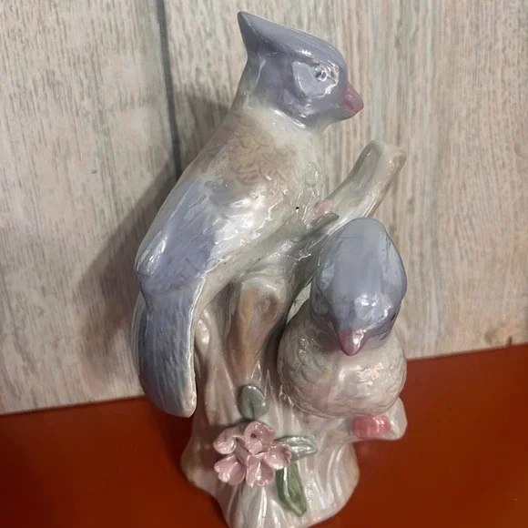 Vintage Lusterware Blue Jay Pair Ceramic Figurine Pearlescent Bird Statue 7.5