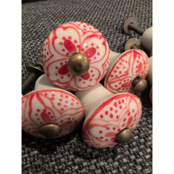 Set of 10 Vintage Ceramic Cabinet Knobs Red White Floral Hand Painted Pulls