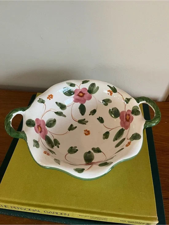 Hand-Painted Floral Ceramic Serving Bowl - Pink & Green