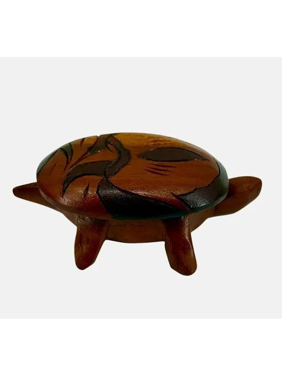 Turtle Tortoise Wooden Hand Carved w/Lid Jewelry Trinket Box 6.25