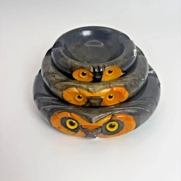 Rare Vtg Alabaster Nesting Set 3 Owl Ashtray/Candy Trinket Dish Made in Italy