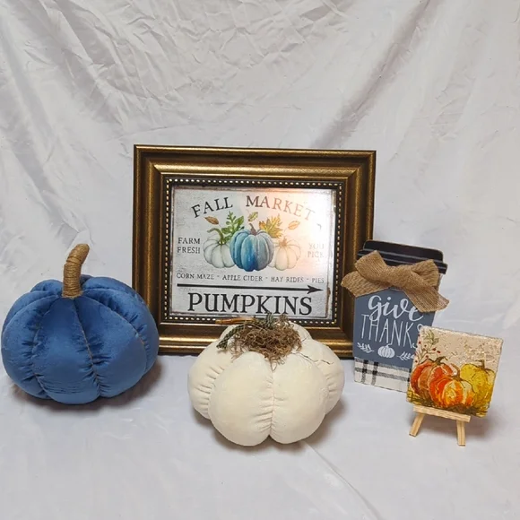 5 Peice Fall Autumn Decor Bundle- Plush Pumpkins, Framed Print, Coaster, Sign