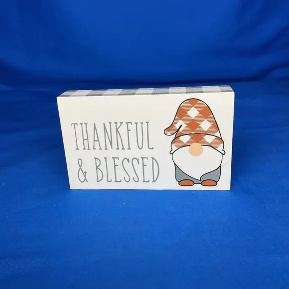 Thankful & Blessed Wooden Block Sign Buffalo Plaid Fall Gnome Thanksgiving Decor