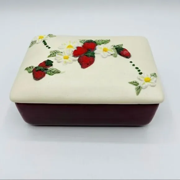 Vintage Handmade Ceramic Strawberry Trinket Box