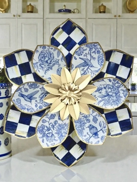 Hand Crafted Royal Check and Hummingbird Metal Wall Decor Blue White 13”