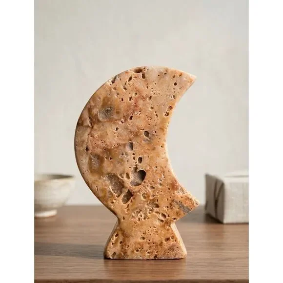 Vintage Natural Travertine Moon Sculpture Hand Carved Stone Crescent Modern Deco