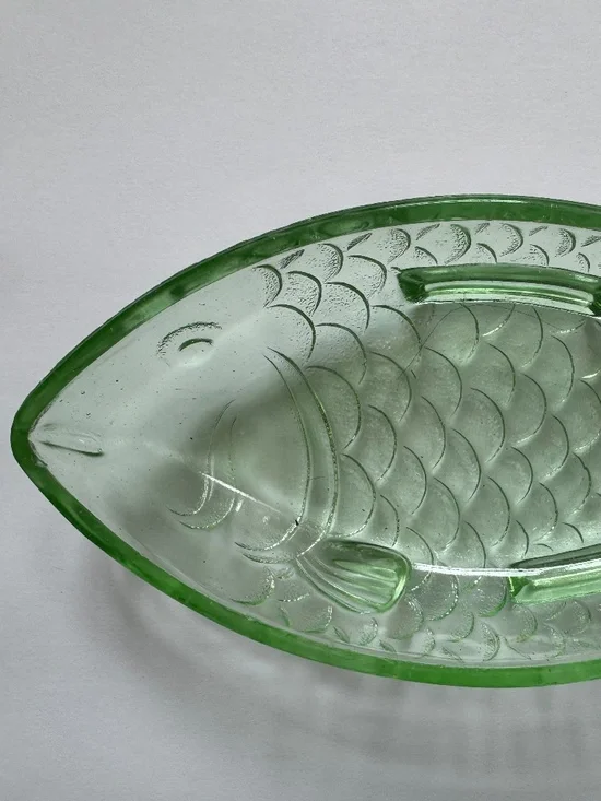 Ankerglas Bernsdorf 50s Pressed Green Glass Fish Dish - German Buffet Snack Dish
