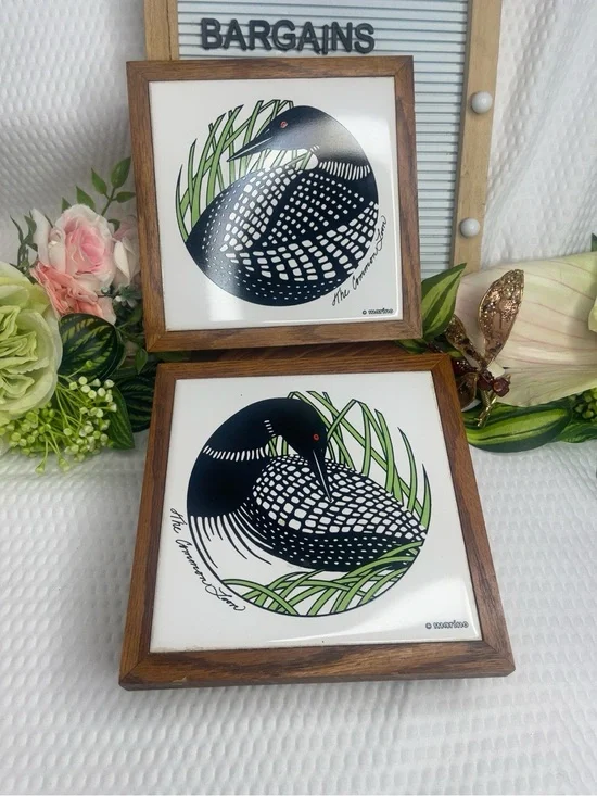 Vintage Marino Common Loon Framed Tile Art Set of 2 Duluth MN Wildlife Decor 7”