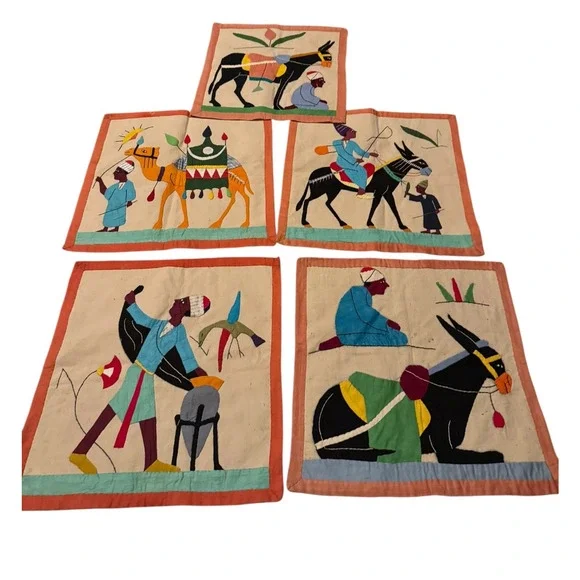 Vintage Egyptian Khayamiya Appliqué Textile Panels‎ Set of 5 Donkey Camel Villa