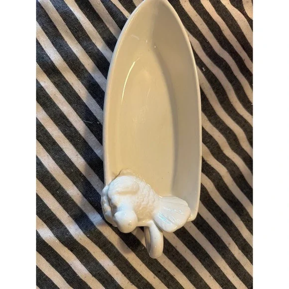 White Dolomite TURKEY  in Boat Ceramic Trinket Dish Nautical Decor