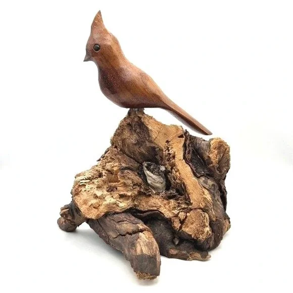 Hand Carved Wooden Bird on Driftwood Base • Rustic Folk Art Woodland‎ Decor