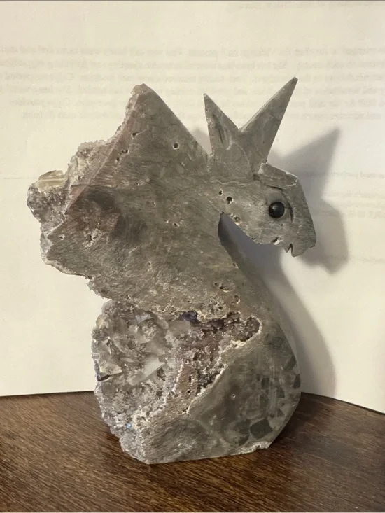 Handcarved Amethyst Unicorn Geode Sculpture in Purple/Grey