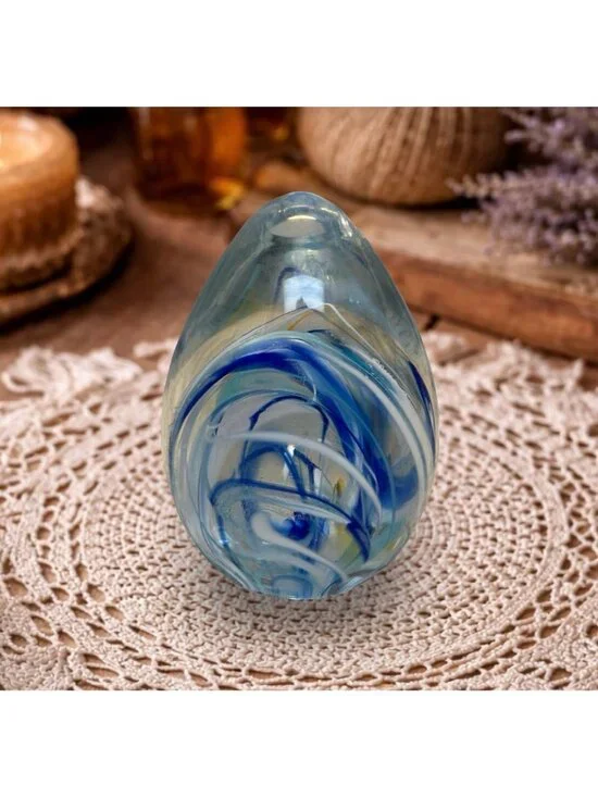 Wheaton Arts Village Egg Paperweight Blue White Ribbon Swirl