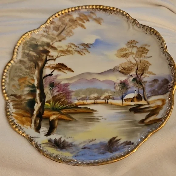 WALES MCM Japanese Handpainted Country Scene Scallop Porcelain Wall Plates