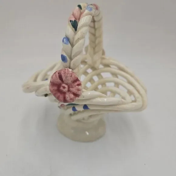 Vintage Spanish Woven Pottery Basket Trinket Basket, Decorator Piece 1960's