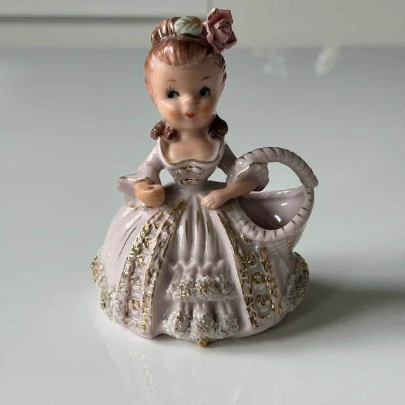 Ucagco Vintage Ceramic Spahgetti Trim Girl Figurine with Basket Planter