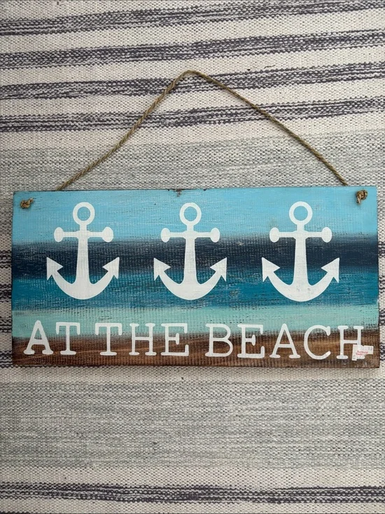 Coastal 'At The Beach' Anchor Wood Sign - Aqua & Turquoise Measurement 15.5 x8