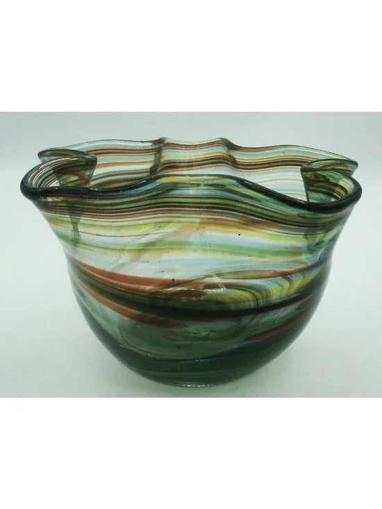 Hand Blown Art Glass Handkerchief Bowl Rainbow Swirl Ruffled  Edge Bowl