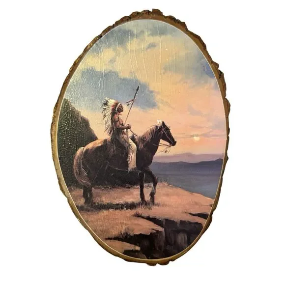 Vtg Wood Hand Painted Native‎ American Lincoln Silver And Montana Sunset Horse