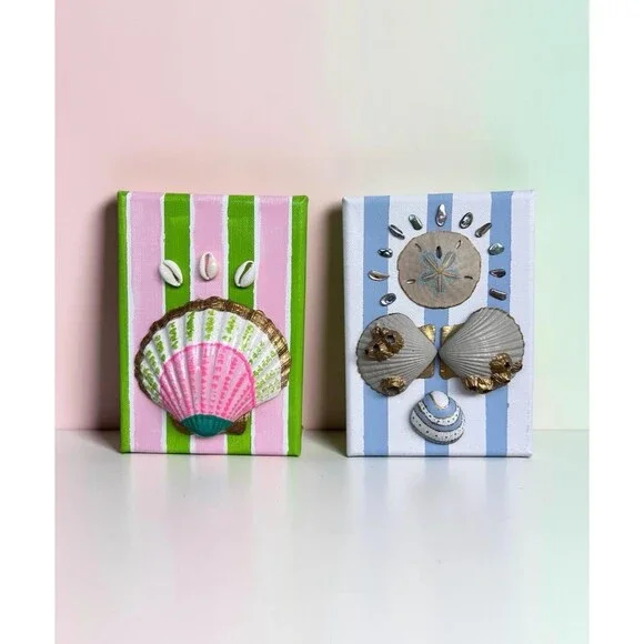 Set of 2 Preppy Beach Handpainted Shell Art Mini Canvas 5x7 Coastal Wall Decor