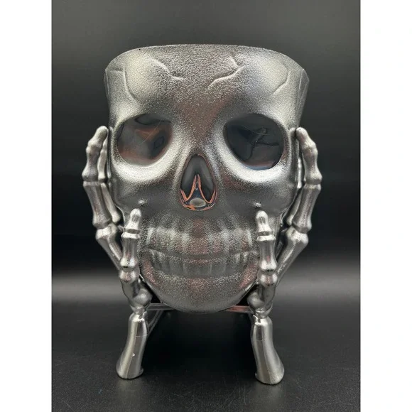Silver Skull Bowl Skeleton Hands Decorative Halloween Goth Centerpiece 7