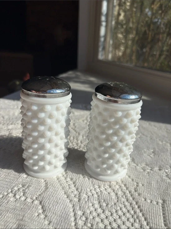 Vintage White Hobnail Glass Salt and Pepper Shakers with Silver Tops