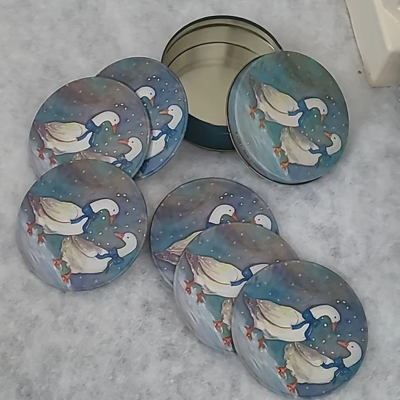 Winter geese coasters, Set Of 6, Vintage, J.S.N.Y. with a matching storage tin