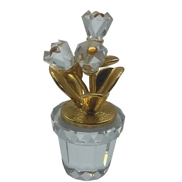 Swarovski Crystal Gold Tone Miniature Flower Pot Figurine