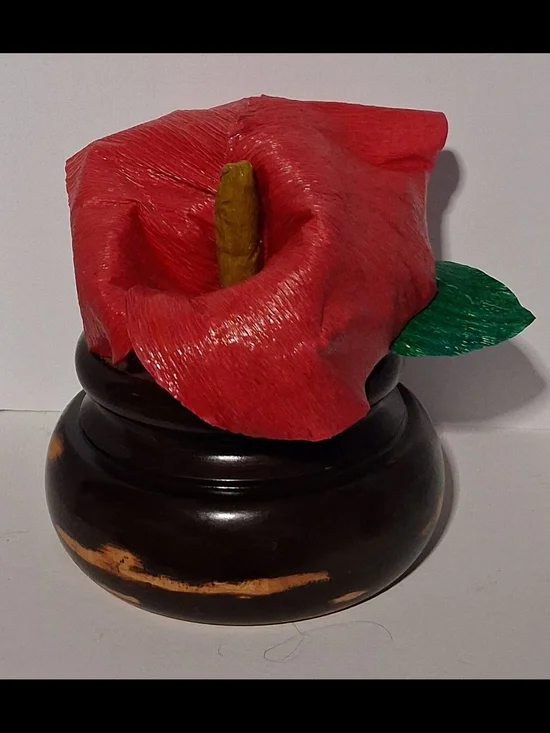 Red Italian Crepe Paper Calla Lily Decorative Flower on Dark Wood Base