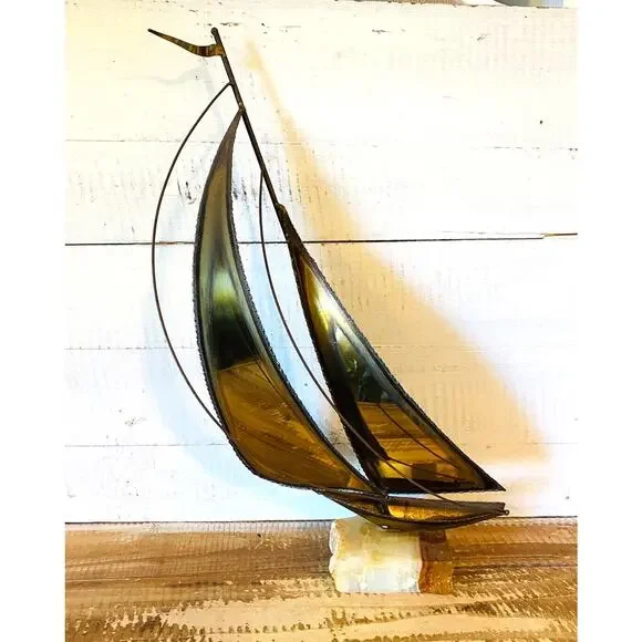 Vintage Mid Century Brass Sailboat Sculpture Stone Base Signed 15.25